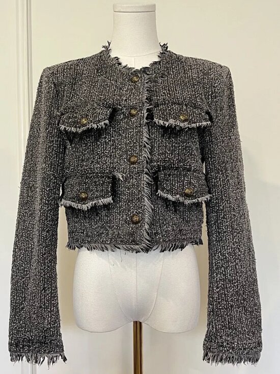 Vanka Studio Jackets & Blazers - Vanka Studio Grey Boucle Tweed‎ Fringe Cropped Jacket Gold Buttons Blazer S